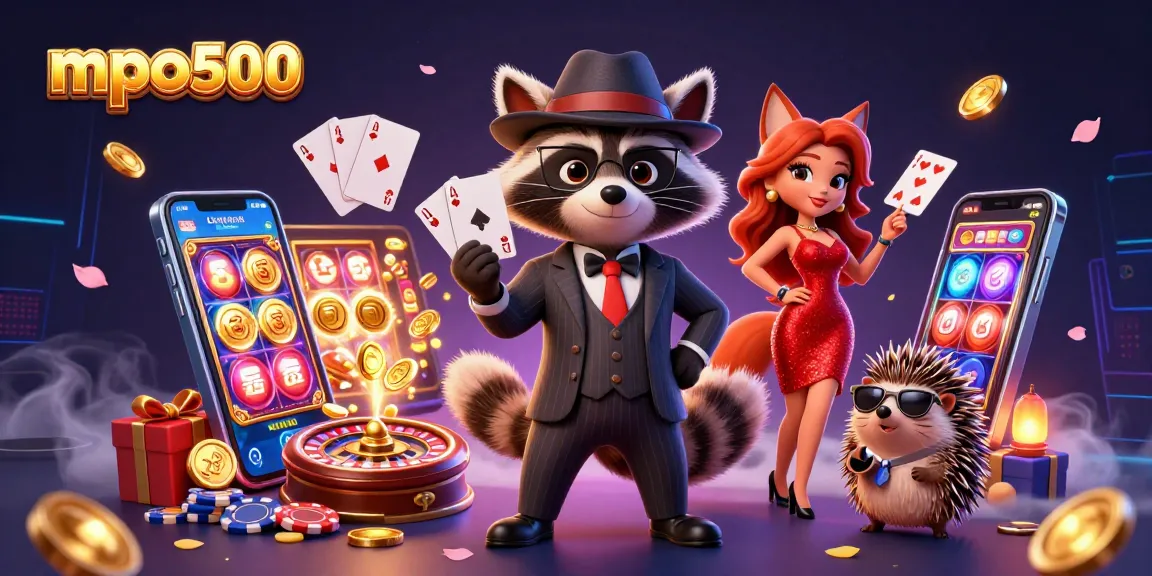 Experience the excitement of mpo500 with cartoon characters enjoying a vibrant casino scene.