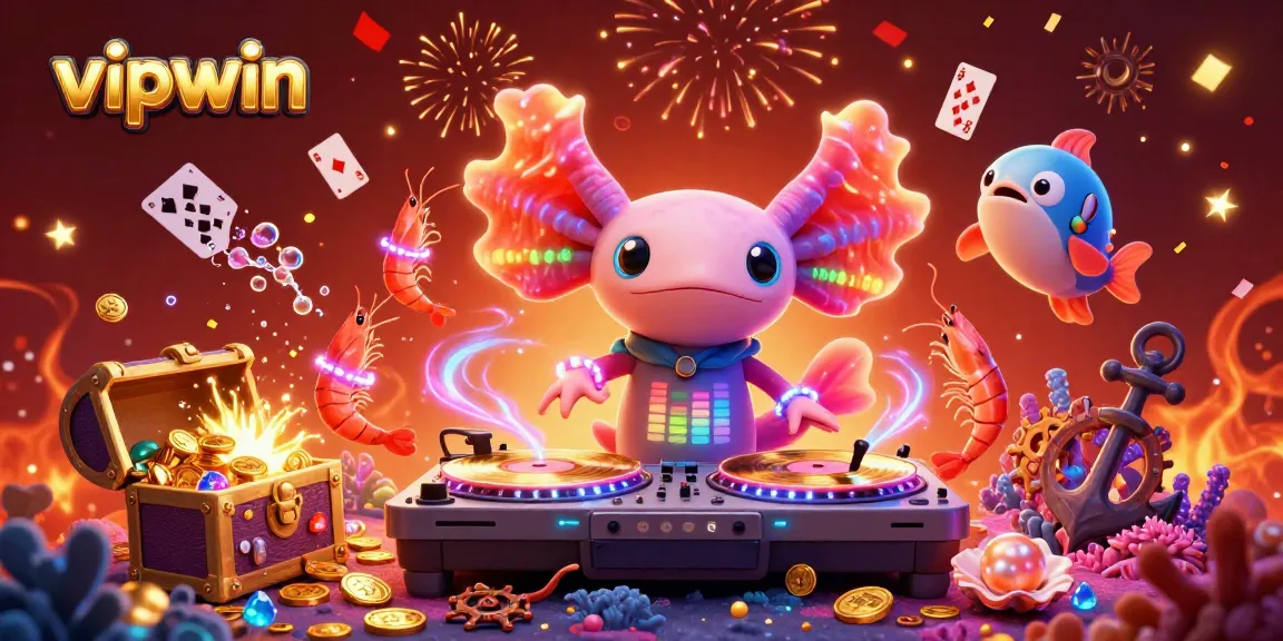Engage with the vibrant vipwin gaming scene featuring a neon axolotl DJ, shrimp dancers, and underwater treasures.