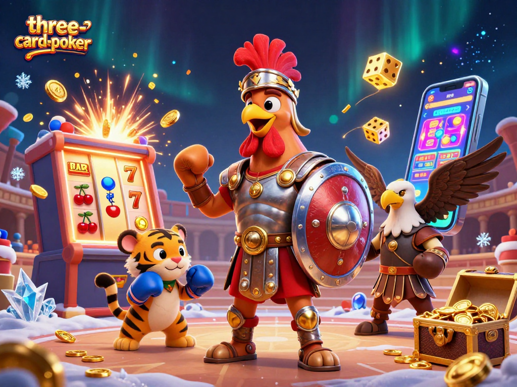 Experience the excitement of three-card-poker in a vibrant 3D casino illustration featuring dynamic gameplay elements.