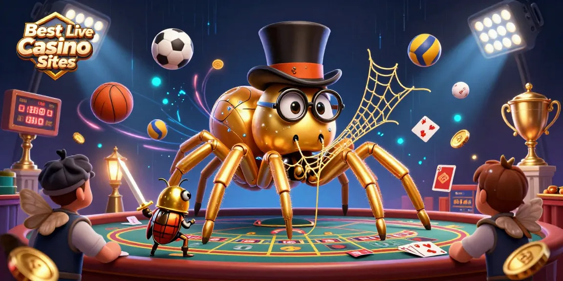 Experience the thrill of the Best Live Casino Sites with a vibrant 3D scene of a golden tarantula and brave beetle knight.