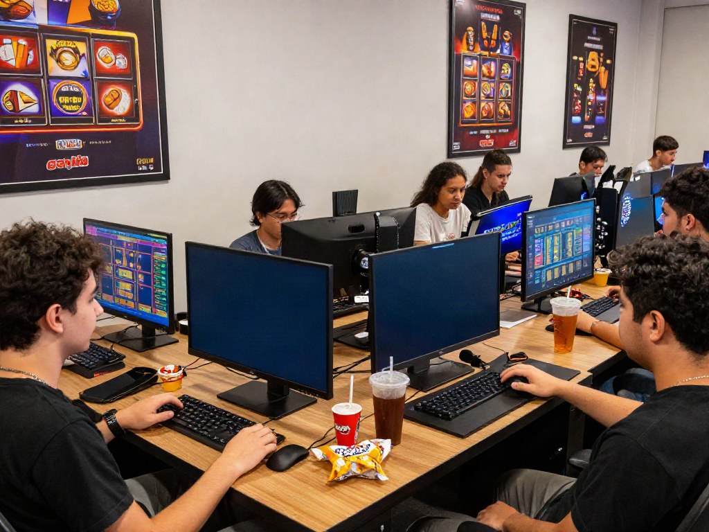 Players enjoying a thrilling slot gacor gaming session with vibrant screens and snacks.
