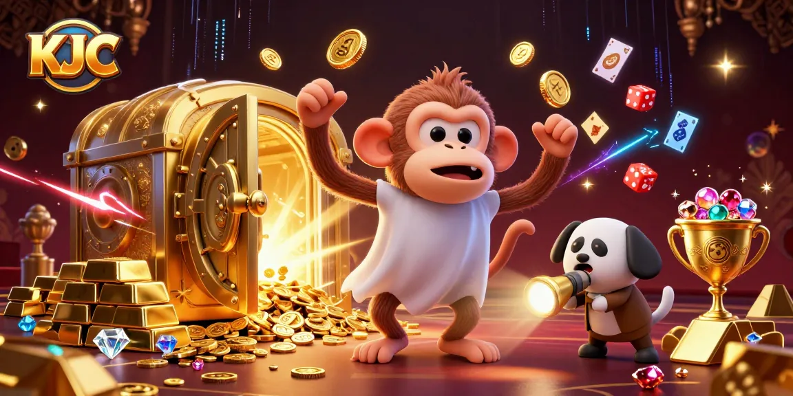 KJC engages players with a lively casino scene featuring a mischievous monkey and a curious puppy amidst golden treasures.