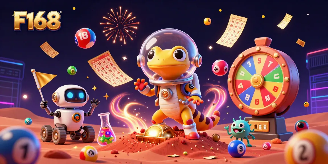 F168 energizes with dynamic lottery balls, golden casino visuals in a spectacular 3D illustration, highlighting excitement.