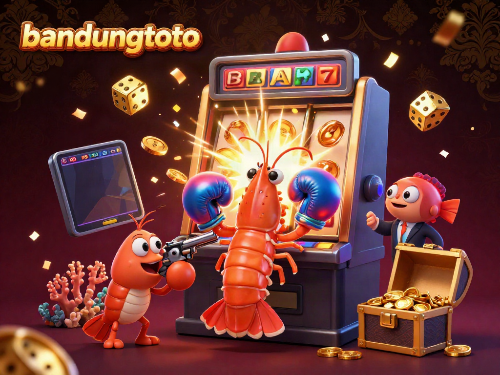 Experience thrilling wins with bandungtoto in this vibrant 3D casino scene featuring a mantis shrimp boxer.