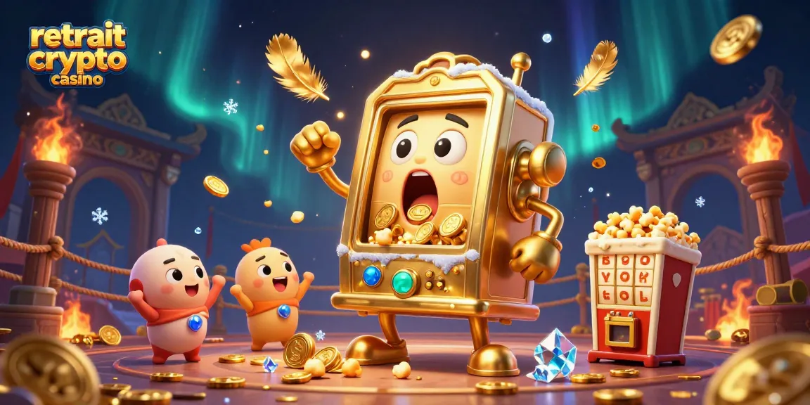 Retrait crypto casino : machine à sous dorée gagnant un jackpot, entourée de machines plus petites et d'effets de fête.