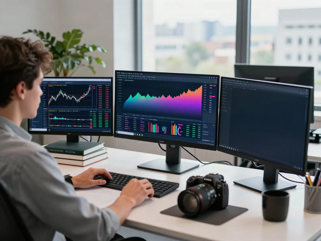 Focused trader using MetaTrader 5 on multiple screens in a modern office.