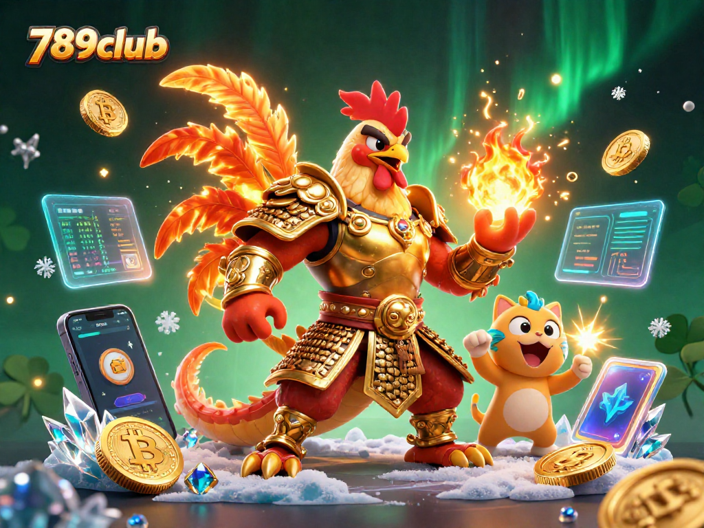 Engage in exciting gameplay at 789club with a lively 3D illustration of a rooster warrior, dragon hatchling, and crypto coins.
