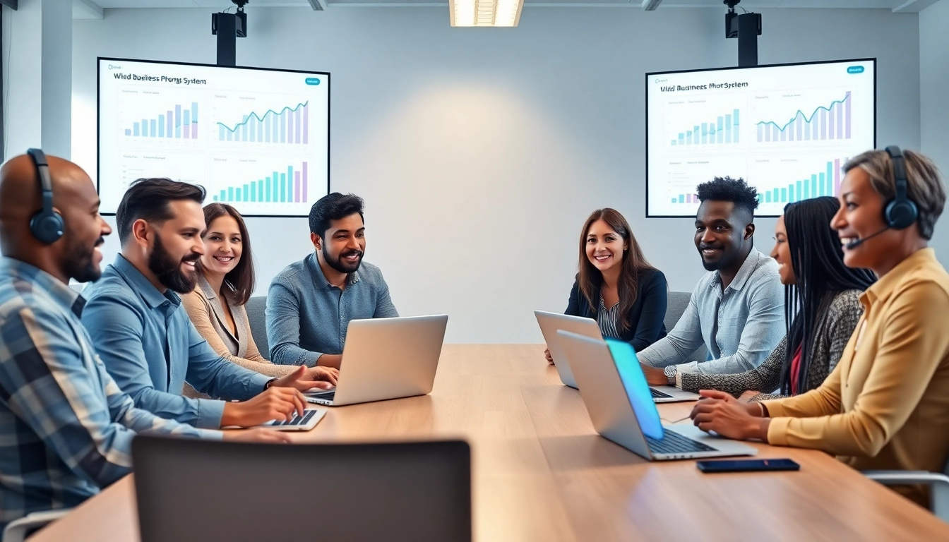Engage with a cloud business phone system during a vibrant team meeting in a modern office.