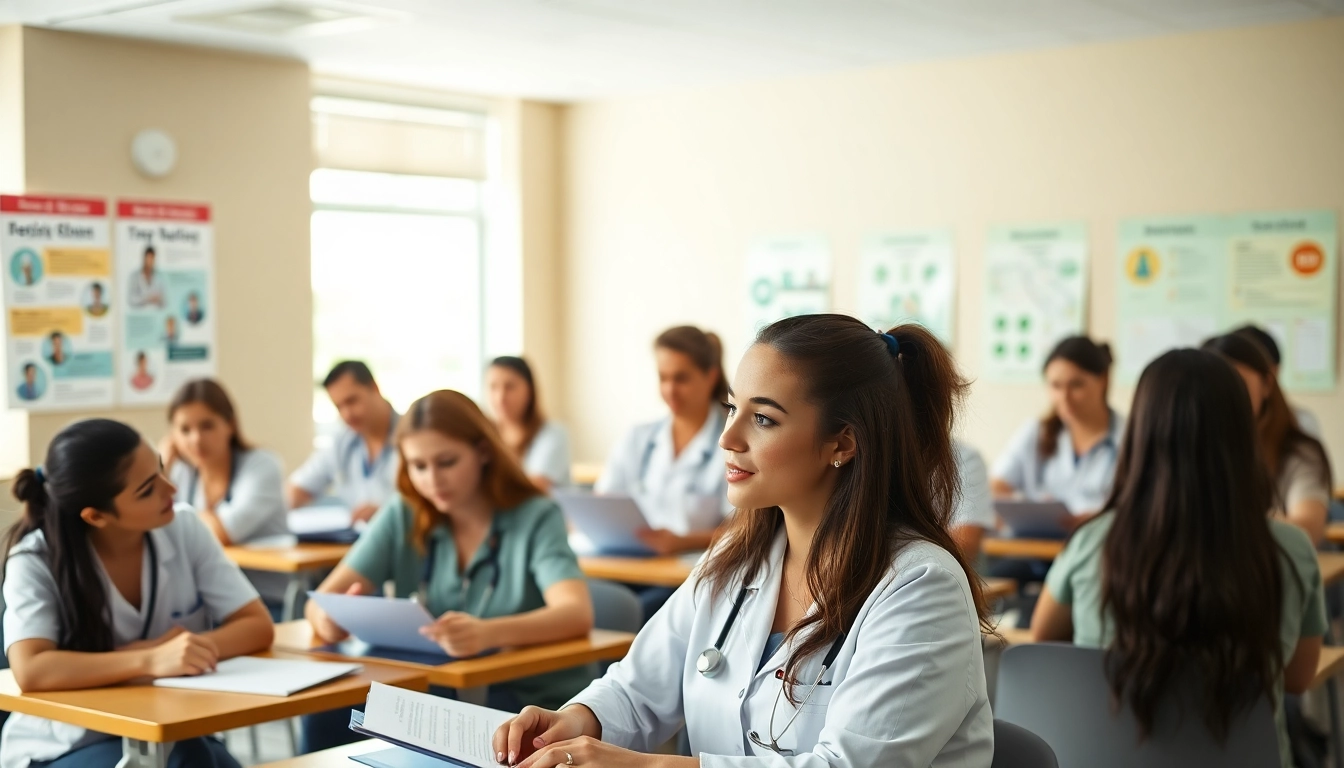 Group of nursing students collaborating in a Houston Trusted Nclex review center classroom.