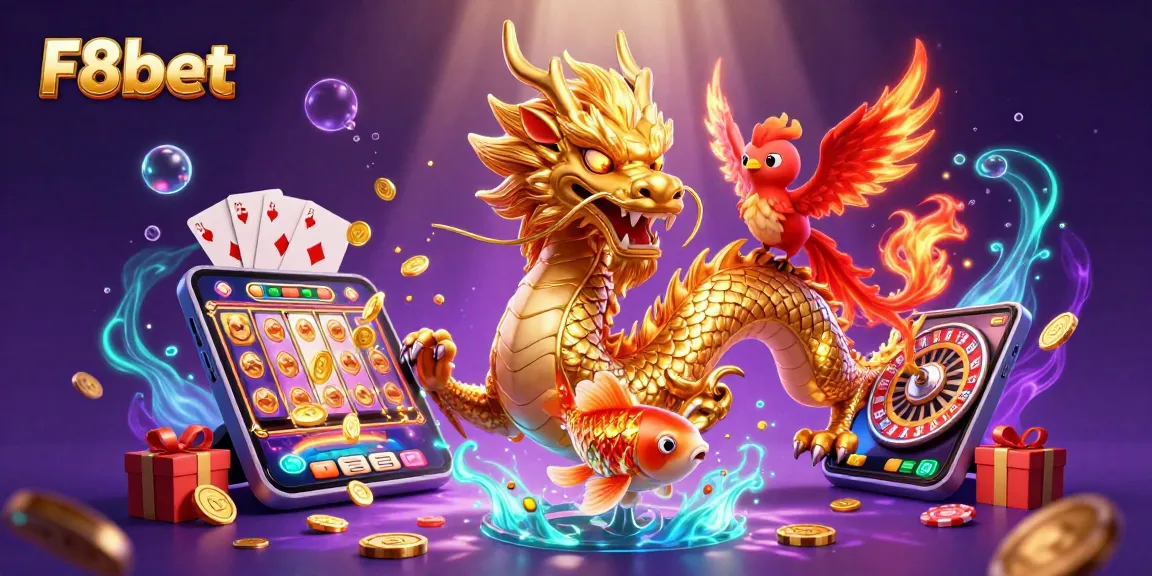 F8bet gaming scene with dynamic dragon, phoenix, and koi fish surrounded by casino elements.