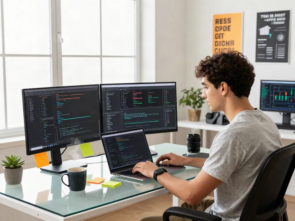 Developer fokus menggunakan diana4d di ruang kerja modern dengan layar ganda.