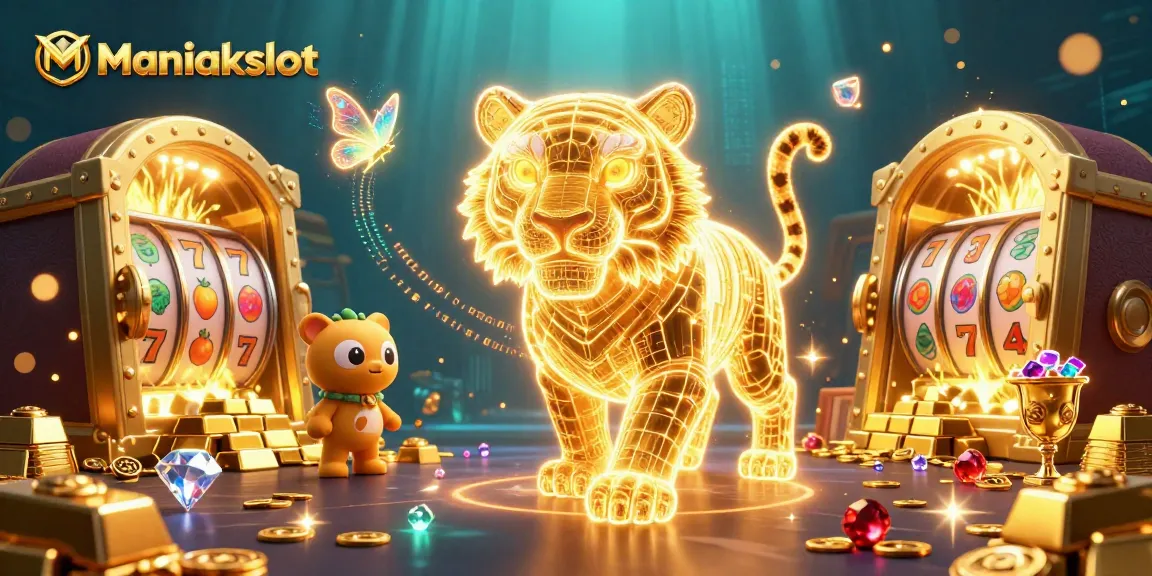Spin with Maniakslot, featuring a golden tiger and vibrant slots in an enchanting casino.