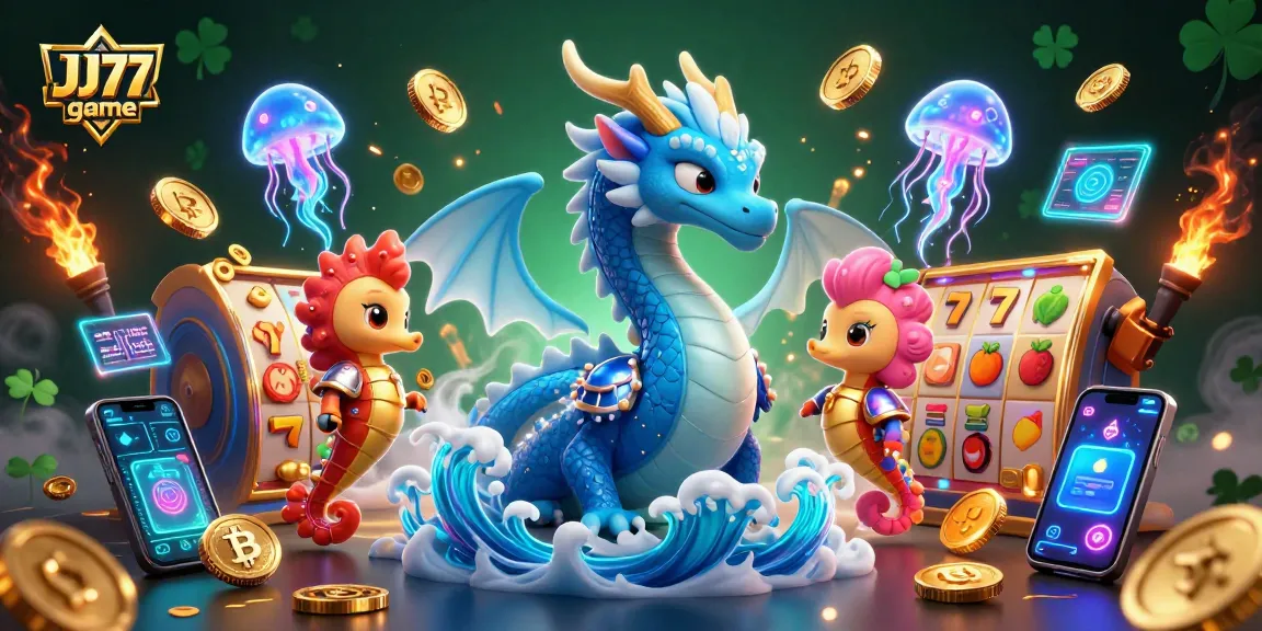 Experience the excitement of JJ77 game with a mythical dragon, gold coins, and vibrant gaming symbols.