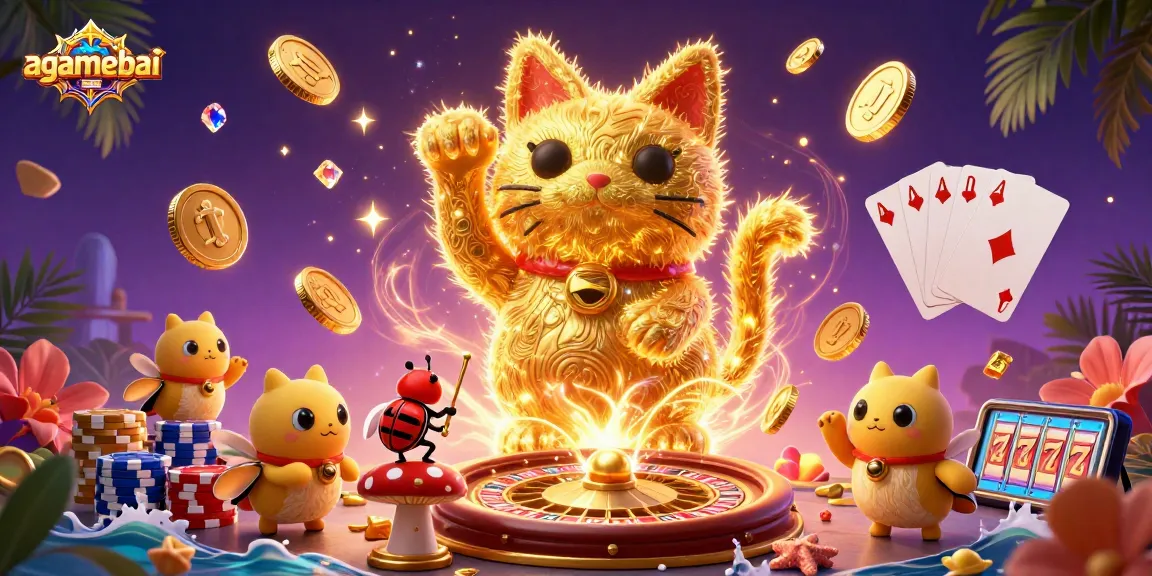 Experience the magic of agamebai with a lucky cat illustration, vivid casino action, and vibrant game elements.