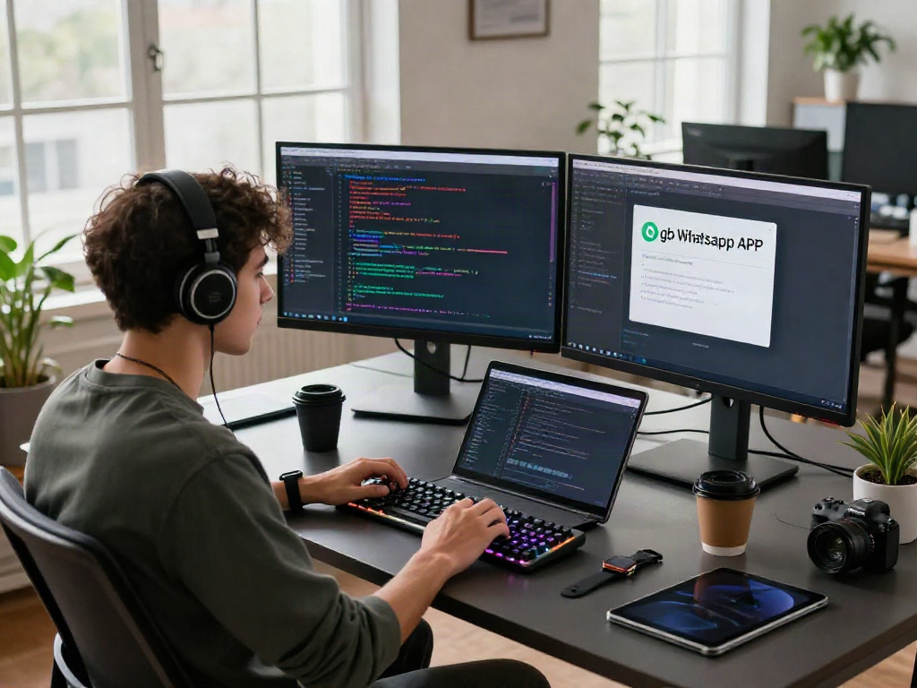Developer focused on coding the gb WhatsApp APK in a bright modern workspace, showcasing tech gadgets and app design.