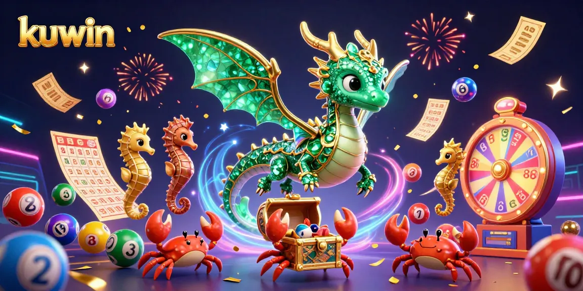 Kuwin players engaging with vibrant lottery-themed elements and a majestic sea dragon in an exciting 3D casino scene.