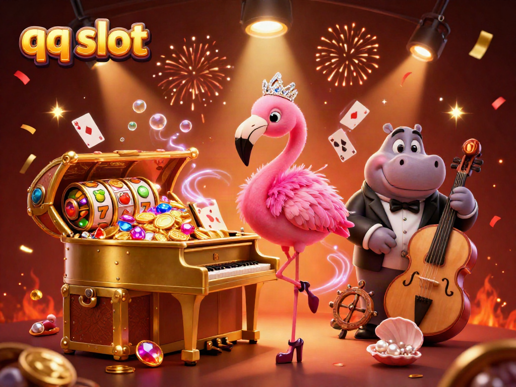 Experience excitement with qq slot as charming characters perform in a vibrant casino scene full of treasures.