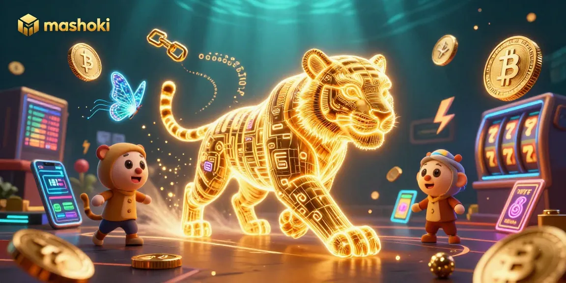 Explore the vibrant mashoki digital casino landscape with a golden tiger and crypto visuals.