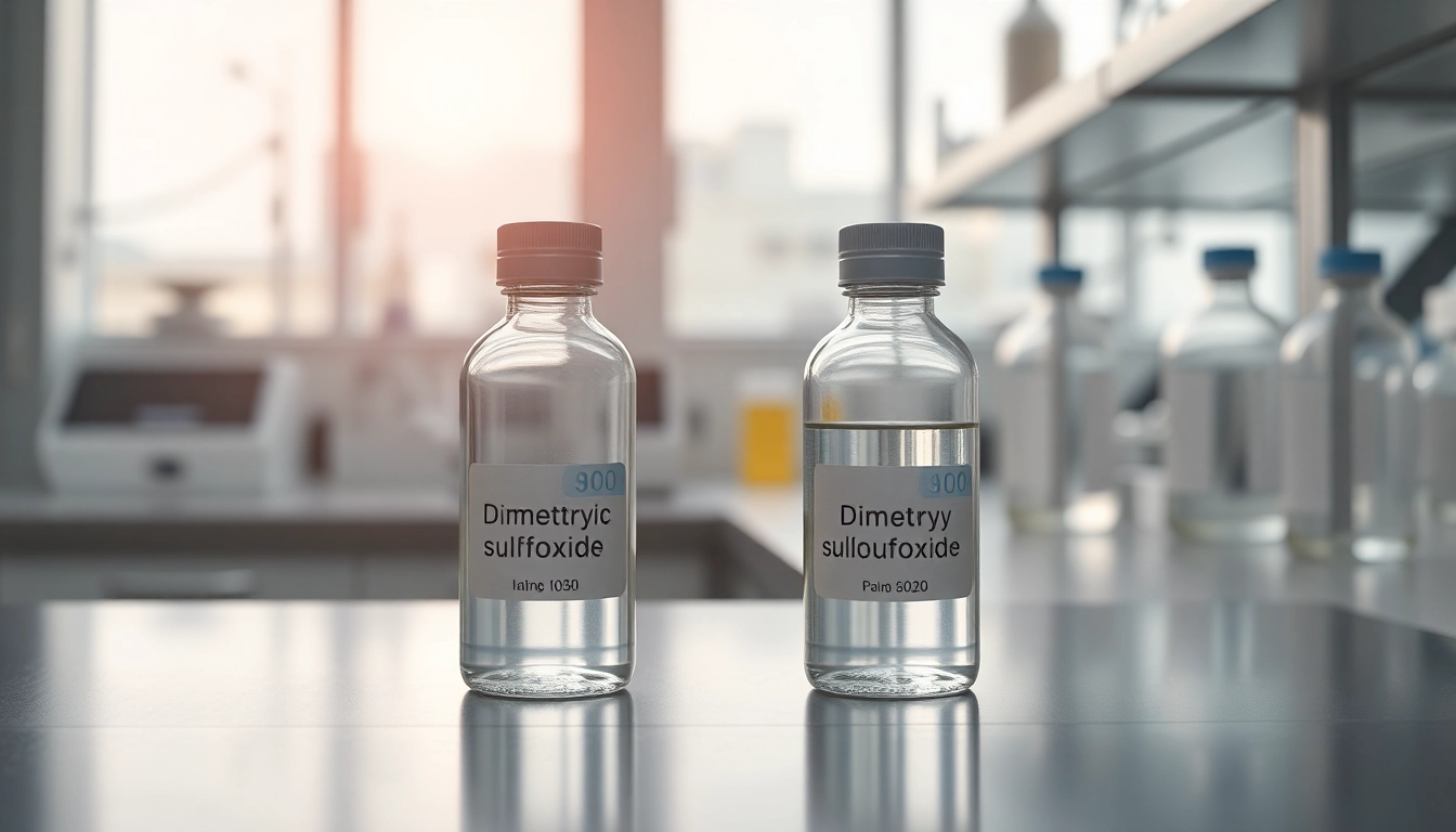 Showcasing dimethylsulfoxide in a professional lab setup with glass containers and equipment.