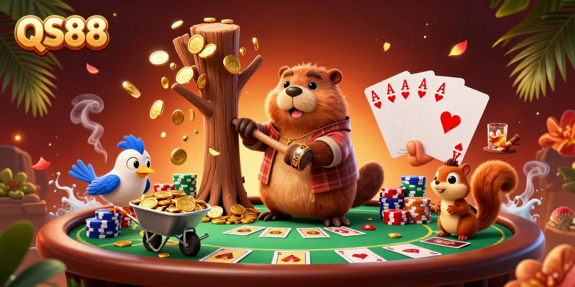 Engage with QS88's thrilling casino adventure featuring animated characters in a dynamic scene.