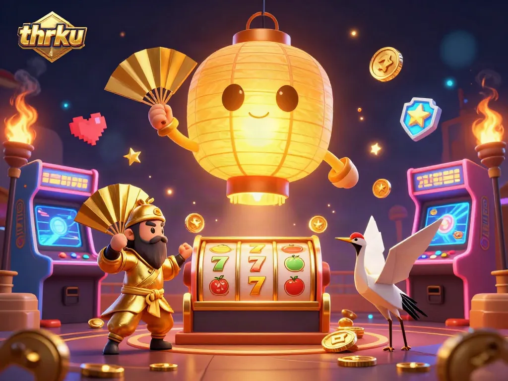 Experience thrilling slots action with vibrant visuals at thrku's dynamic casino scene, showcasing golden lantern spirits and arcade elements.