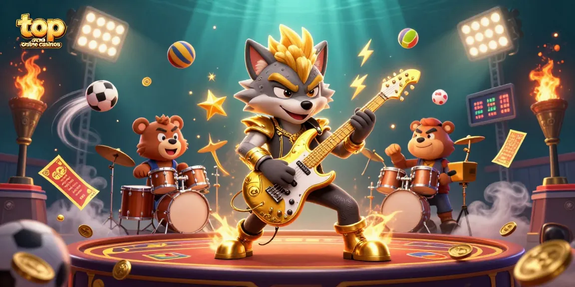 Catch the excitement at top arab online casinos with a rock star wolf and drummer bear on a vibrant stage.