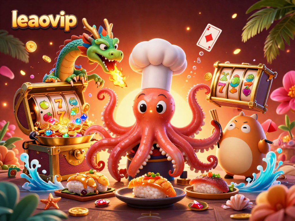 Experience exciting gameplay on leaovip with a vibrant sushi chef octopus, dragon, and rich casino symbols.
