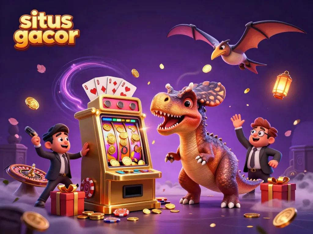 Experience the excitement of situs gacor with a pachycephalosaurus and friends winning jackpot coins in a vibrant casino scene.