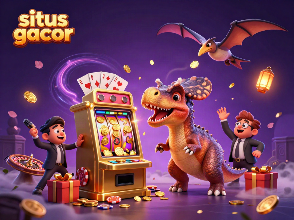 Experience the excitement of situs gacor with a pachycephalosaurus and friends winning jackpot coins in a vibrant casino scene.