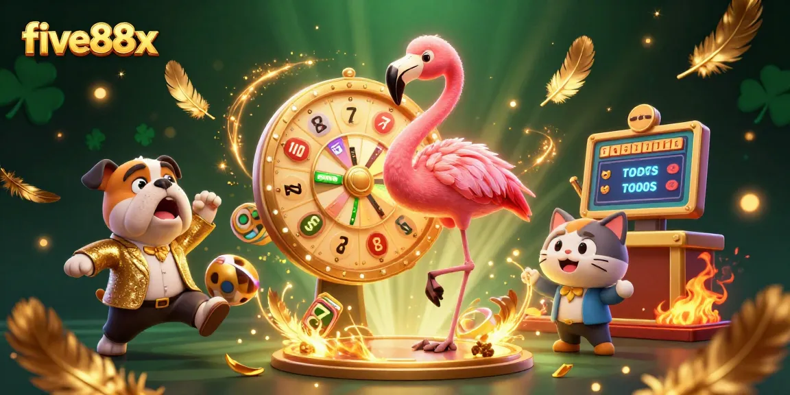 Experience thrilling spins with five88x as an excited bulldog cheers alongside a flamingo prize host.