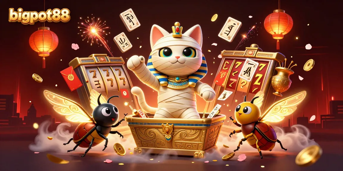 Engage with bigpot88's thrilling casino experience featuring a dynamic pyramid scene with a mummy cat and gold elements.
