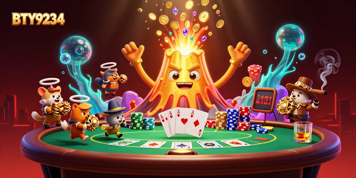 Engage with BTY9234's vibrant casino-themed illustration featuring a triumphant golden volcano and poker scene.