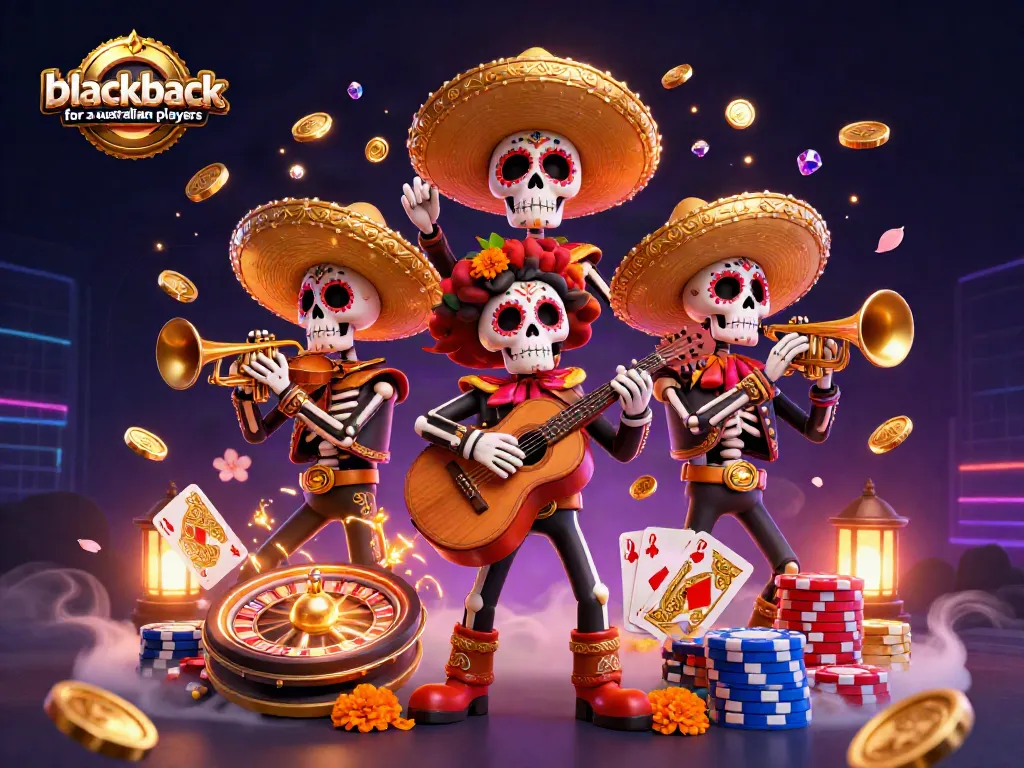 Experience thrilling blackjack for australian players with a vibrant mariachi band and casino elements.