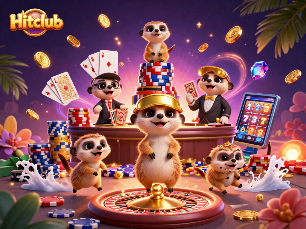 Experience excitement at Hitclub casino with playful meerkats amidst dazzling chips and coins.