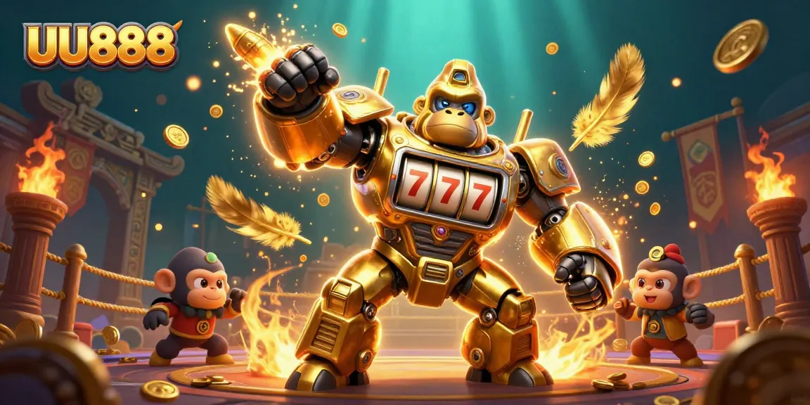Experience the excitement of UU888 with a dynamic illustration of a golden gorilla mech in a vibrant casino setting.