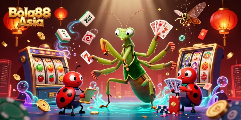 Bola88 Asia offers an exciting scene with a mantis card sharp, ladybug pit boss, and vibrant casino elements.