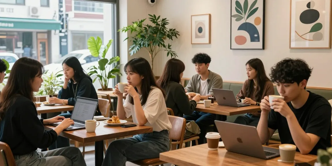 강남 세이렌에서 현대적인 카페에서 커피를 즐기는 고객들 모습