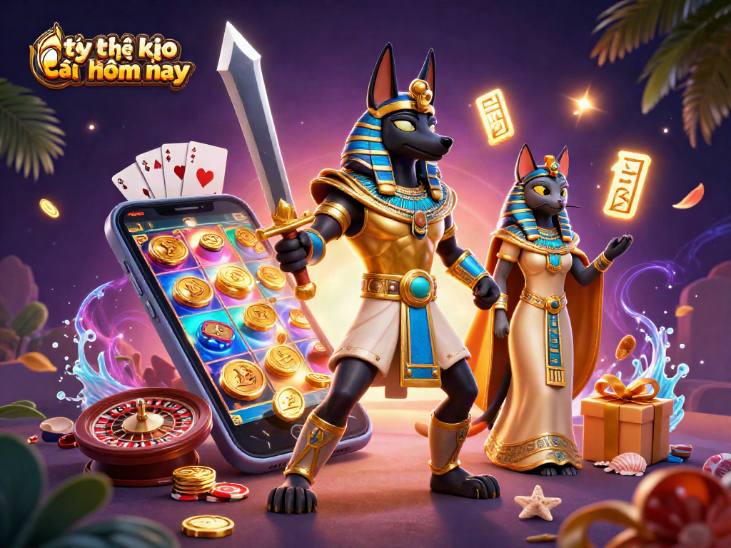 Experience tỷ lệ kèo nhà cái hôm nay in an energetic scene with Egyptian characters and casino elements.