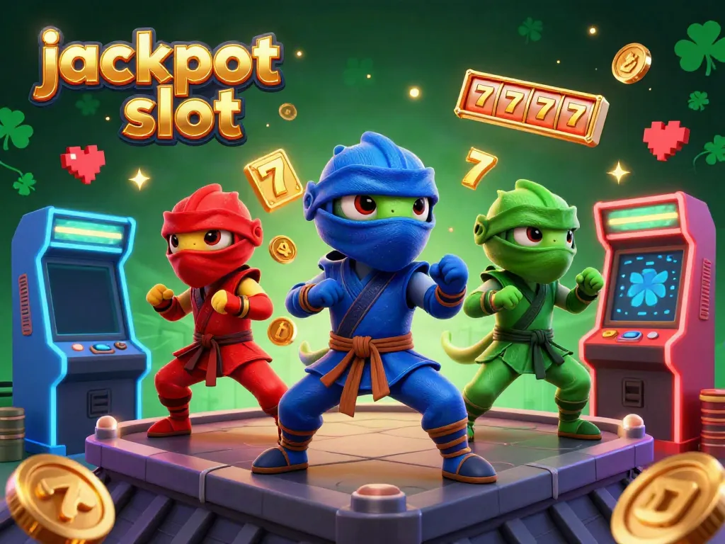 Experience exciting jackpot slot action with ninja chameleons performing martial arts in a vibrant casino scene.