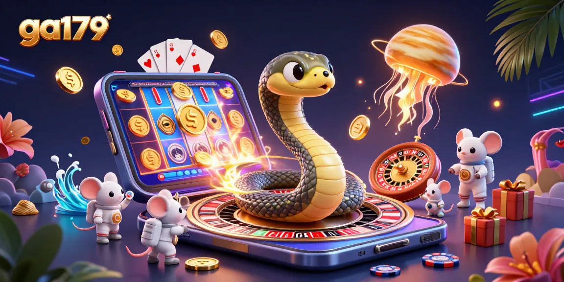 Betting on ga179 features a Saturn ring snake dealer and astronaut mice in a vibrant casino scene.