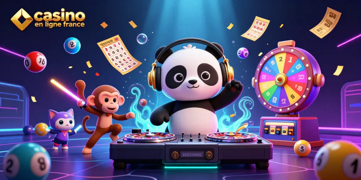 Événement vibrant dans un casino en ligne France avec un panda DJ et un singe dansant.
