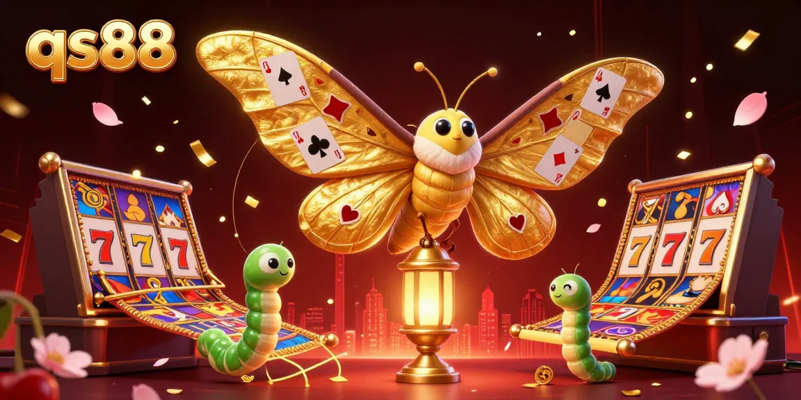 Experience the thrilling ambiance of qs88 with a stunning 3D illustration of a majestic moth and casino elements.