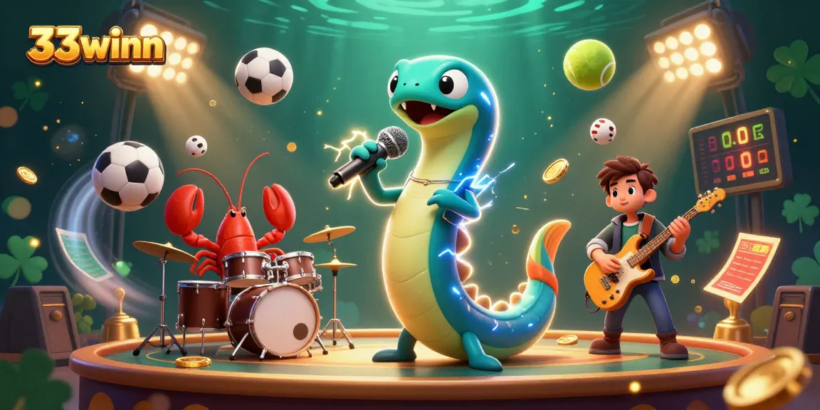 Engage with 33winn featuring vibrant underwater casino scene with electric eel DJ and sports elements.