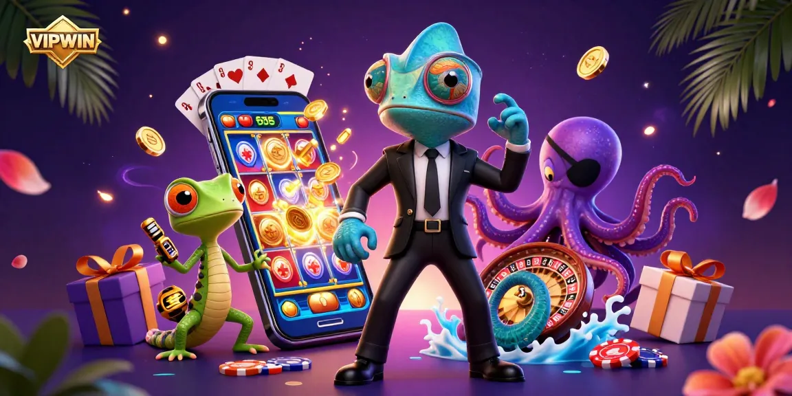 Spin slots and win big with VIPWIN's vibrant 3D casino scene, featuring colorful games and dynamic characters.