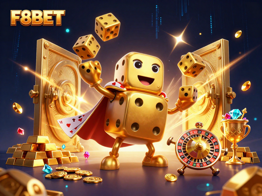 Experience the thrill of F8BET with golden dice golem and lavish casino treasures in 3D art.
