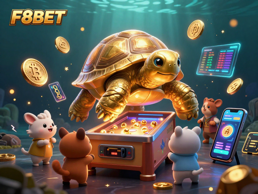 Experience vibrant gaming action at F8BET with a thrilling casino-themed scene including a giant tortoise pinball machine.