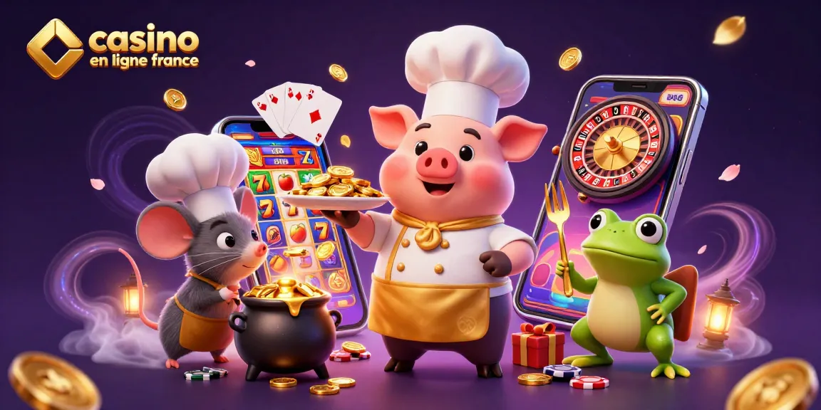 Visualisez une scène captivante de casino en ligne France, avec un chef cochon et des éléments de jeu vibrant.