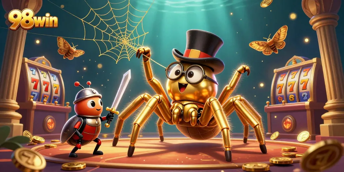 Spin the reels at 98win, where a golden tarantula weaves excitement in this vibrant casino scene.