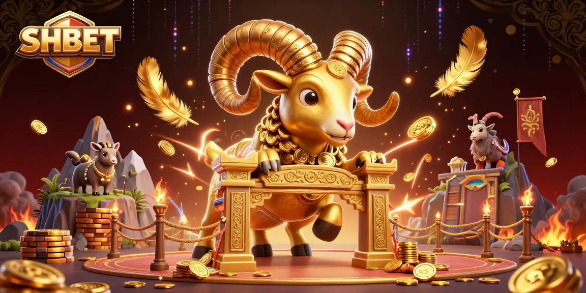 Witness SHBET's thrilling vibe with a golden ram charging past fortunes in an electrifying casino arena.