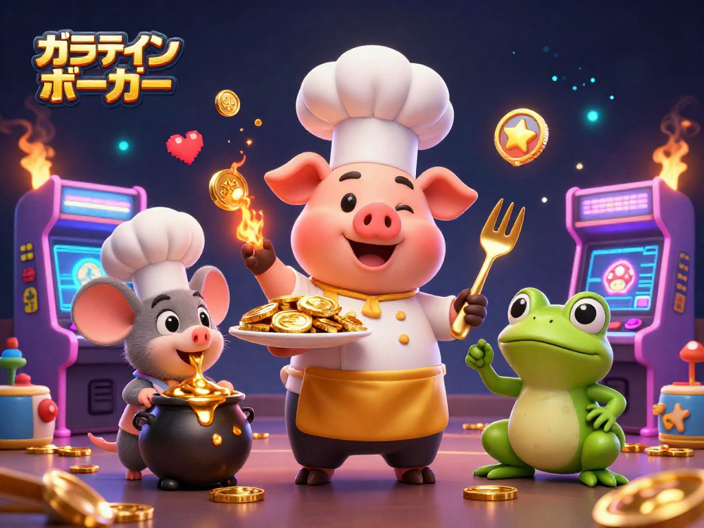 オンラインポーカーで金のコインを捧げるシェフ豚のイラスト